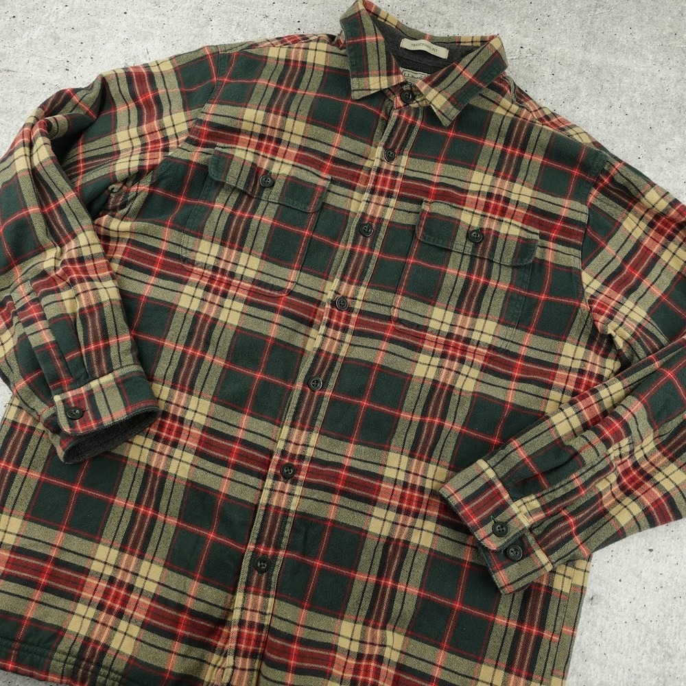 LL Bean Mens Large Fleece Shacket Flannel Shirt Jacket Plaid Red Green 250393